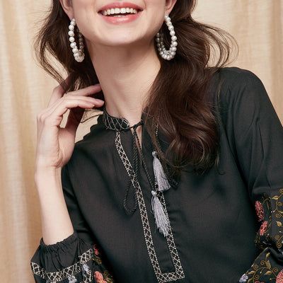 Solid Resham Embroidered A-line Kurti - Black