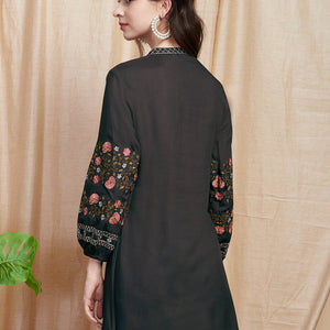 Solid Resham Embroidered A-line Kurti - Black