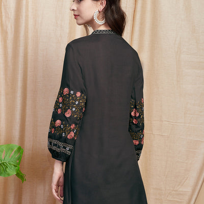 Solid Resham Embroidered A-line Kurti - Black