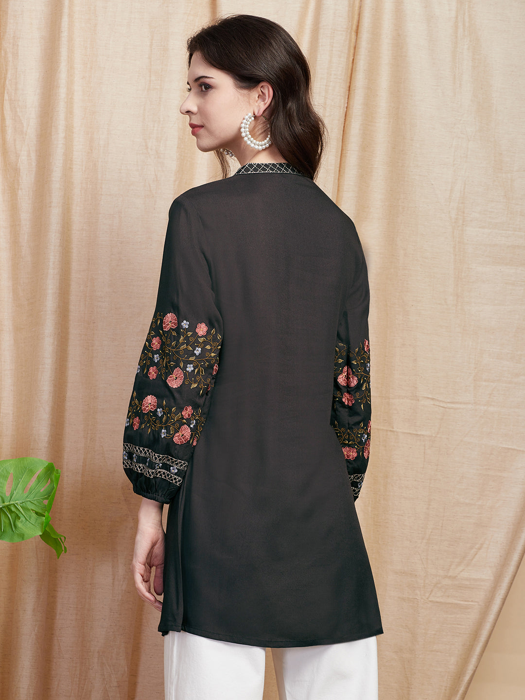 Solid Resham Embroidered A-line Kurti - Black