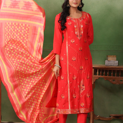 Ethnic Jacquard Straight Fit Kurta with Pant & Printed Dupatta - Coral Red