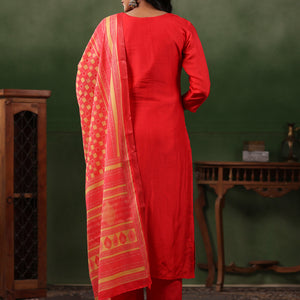 Ethnic Jacquard Straight Fit Kurta with Pant & Printed Dupatta - Coral Red