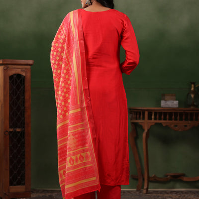 Ethnic Jacquard Straight Fit Kurta with Pant & Printed Dupatta - Coral Red