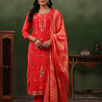 Ethnic Jacquard Straight Fit Kurta with Pant & Printed Dupatta - Coral Red
