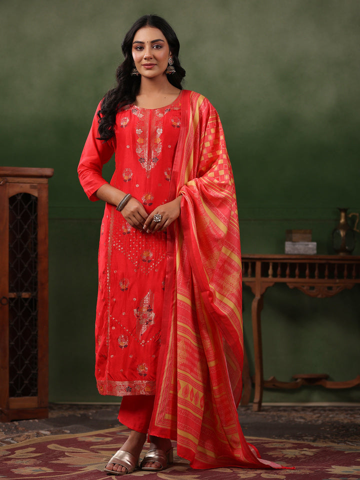 Ethnic Jacquard Straight Fit Kurta with Pant & Printed Dupatta - Coral Red