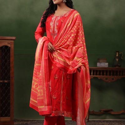 Ethnic Jacquard Straight Fit Kurta with Pant & Printed Dupatta - Coral Red