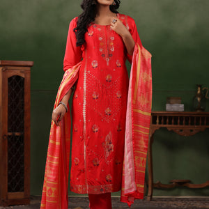 Ethnic Jacquard Straight Fit Kurta with Pant & Printed Dupatta - Coral Red