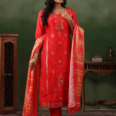 Ethnic Jacquard Straight Fit Kurta with Pant & Printed Dupatta - Coral Red