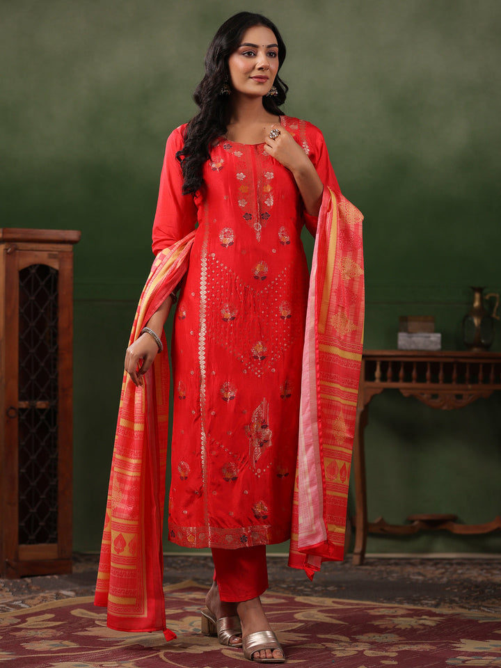 Ethnic Jacquard Straight Fit Kurta with Pant & Printed Dupatta - Coral Red