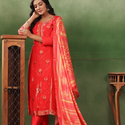 Ethnic Jacquard Straight Fit Kurta with Pant & Printed Dupatta - Coral Red