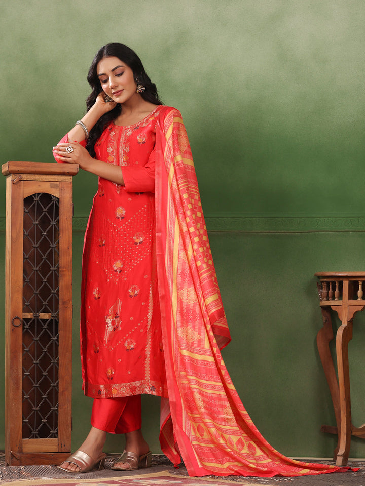 Ethnic Jacquard Straight Fit Kurta with Pant & Printed Dupatta - Coral Red