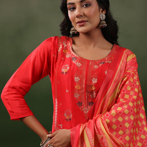 Ethnic Jacquard Straight Fit Kurta with Pant & Printed Dupatta - Coral Red