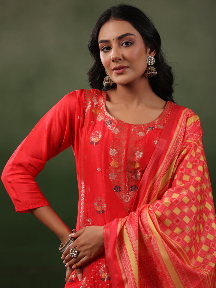 Ethnic Jacquard Straight Fit Kurta with Pant & Printed Dupatta - Coral Red