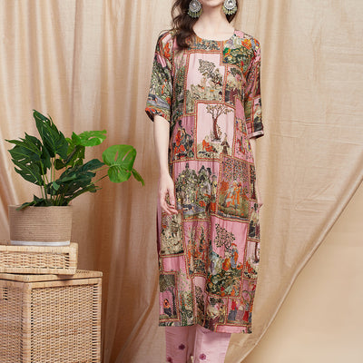 Ethnic Pichwai Printed & Kantha Sequin Embroidered Straight Kurta - Pink