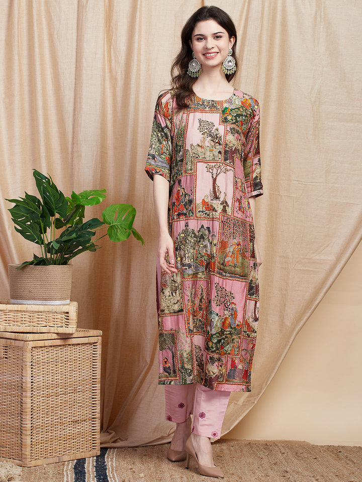 Ethnic Pichwai Printed & Kantha Sequin Embroidered Straight Kurta - Pink