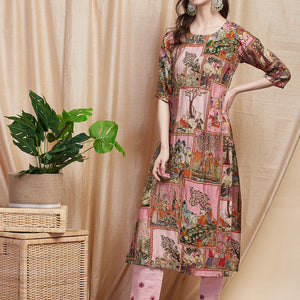 Ethnic Pichwai Printed & Kantha Sequin Embroidered Straight Kurta - Pink