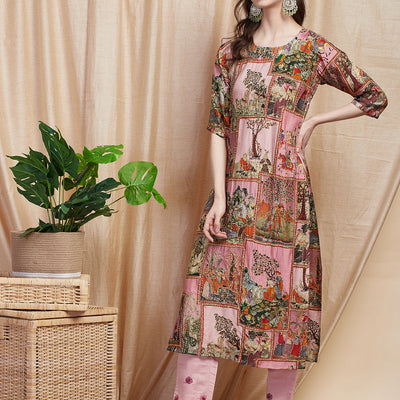 Ethnic Pichwai Printed & Kantha Sequin Embroidered Straight Kurta - Pink