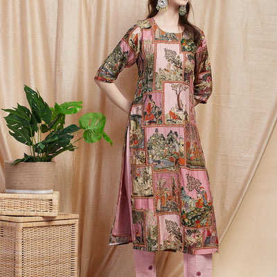 Ethnic Pichwai Printed & Kantha Sequin Embroidered Straight Kurta - Pink