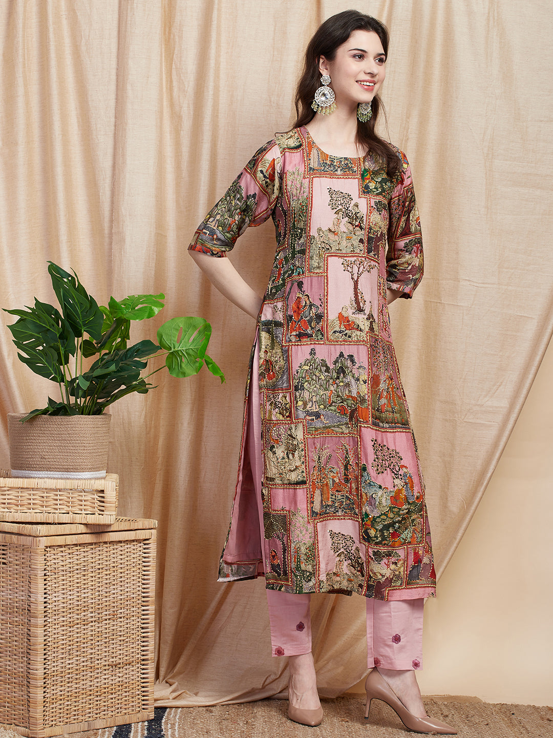 Ethnic Pichwai Printed & Kantha Sequin Embroidered Straight Kurta - Pink