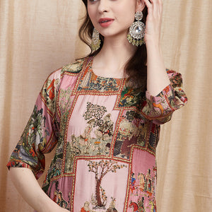 Ethnic Pichwai Printed & Kantha Sequin Embroidered Straight Kurta - Pink