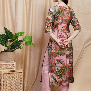 Ethnic Pichwai Printed & Kantha Sequin Embroidered Straight Kurta - Pink