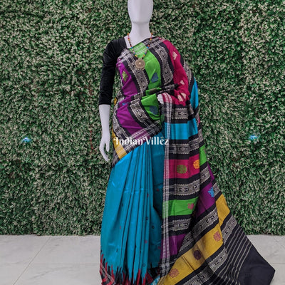 Sea Blue Double Pallu Berhampuri Silk Saree with Flower Motif