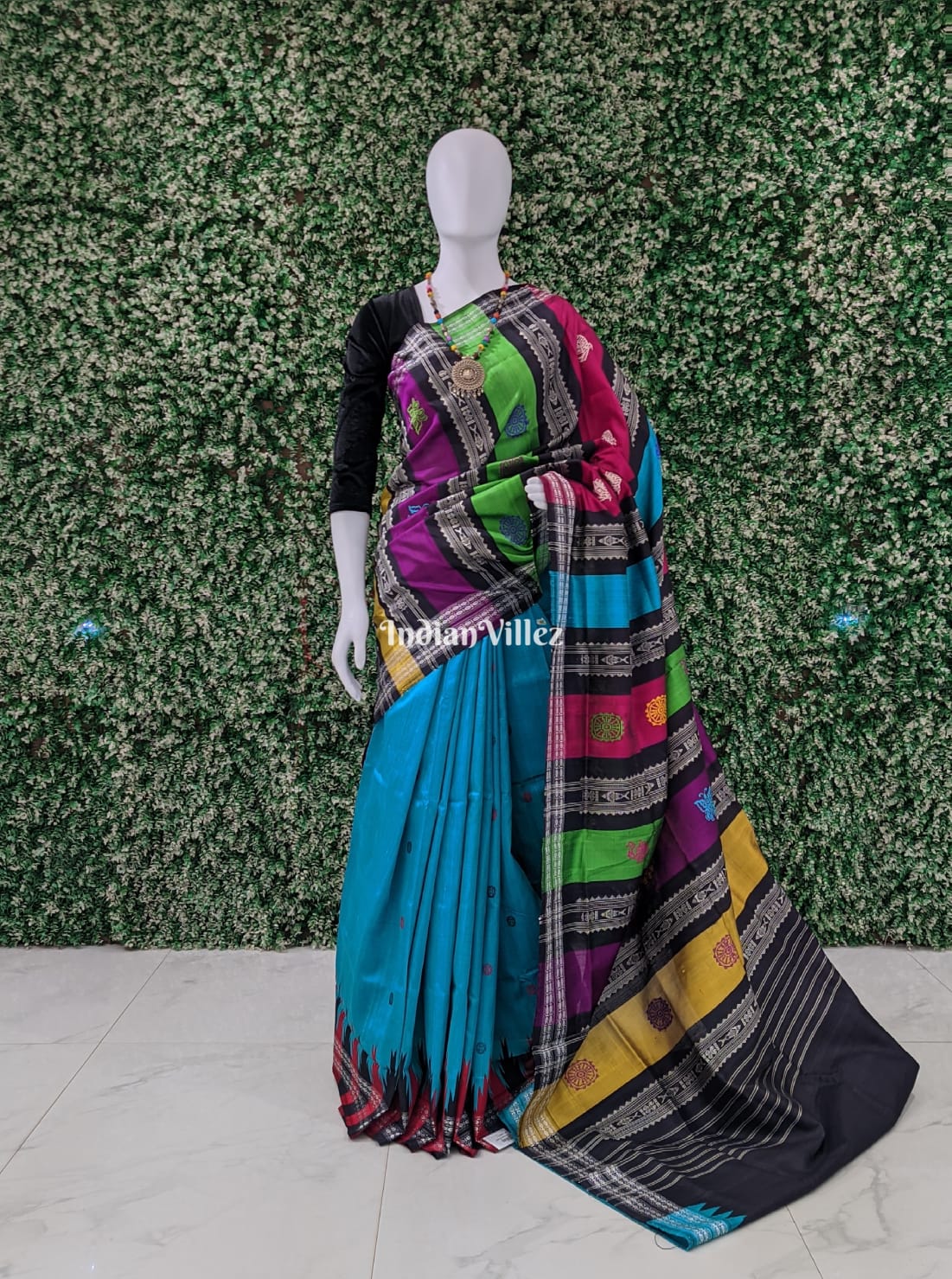 Sea Blue Double Pallu Berhampuri Silk Saree with Flower Motif