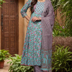 Blue Pure Cotton Printed Flared Suit Set VKSKD1968