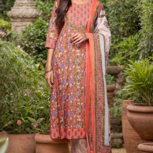 Peach Pure Cotton Printed Flared Suit Set VKSKD1974