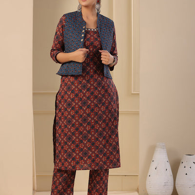 Ajrakh Block Printed Sequins Embroidered Kurta with Quilted Reversible Waist Coat & Pants - Maroon