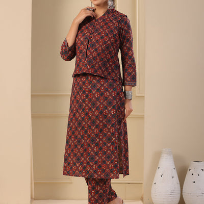 Ajrakh Block Printed Sequins Embroidered Kurta with Quilted Reversible Waist Coat & Pants - Maroon