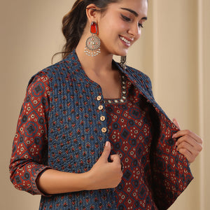 Ajrakh Block Printed Sequins Embroidered Kurta with Quilted Reversible Waist Coat & Pants - Maroon