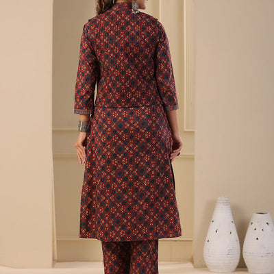 Ajrakh Block Printed Sequins Embroidered Kurta with Quilted Reversible Waist Coat & Pants - Maroon