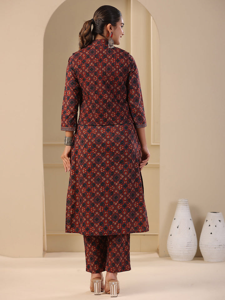 Ajrakh Block Printed Sequins Embroidered Kurta with Quilted Reversible Waist Coat & Pants - Maroon