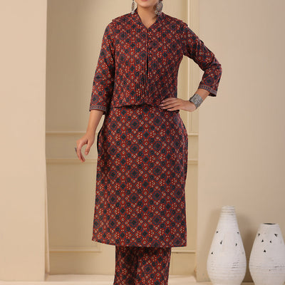 Ajrakh Block Printed Sequins Embroidered Kurta with Quilted Reversible Waist Coat & Pants - Maroon