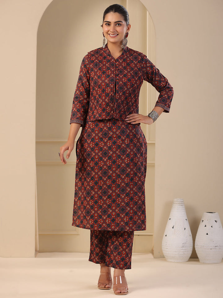 Ajrakh Block Printed Sequins Embroidered Kurta with Quilted Reversible Waist Coat & Pants - Maroon