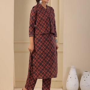 Ajrakh Block Printed Sequins Embroidered Kurta with Quilted Reversible Waist Coat & Pants - Maroon