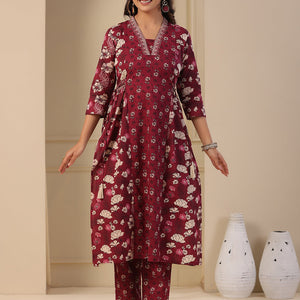 Floral Printed A-Line Paneled Kurta with Pant - Purple