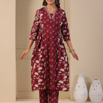 Floral Printed A-Line Paneled Kurta with Pant - Purple