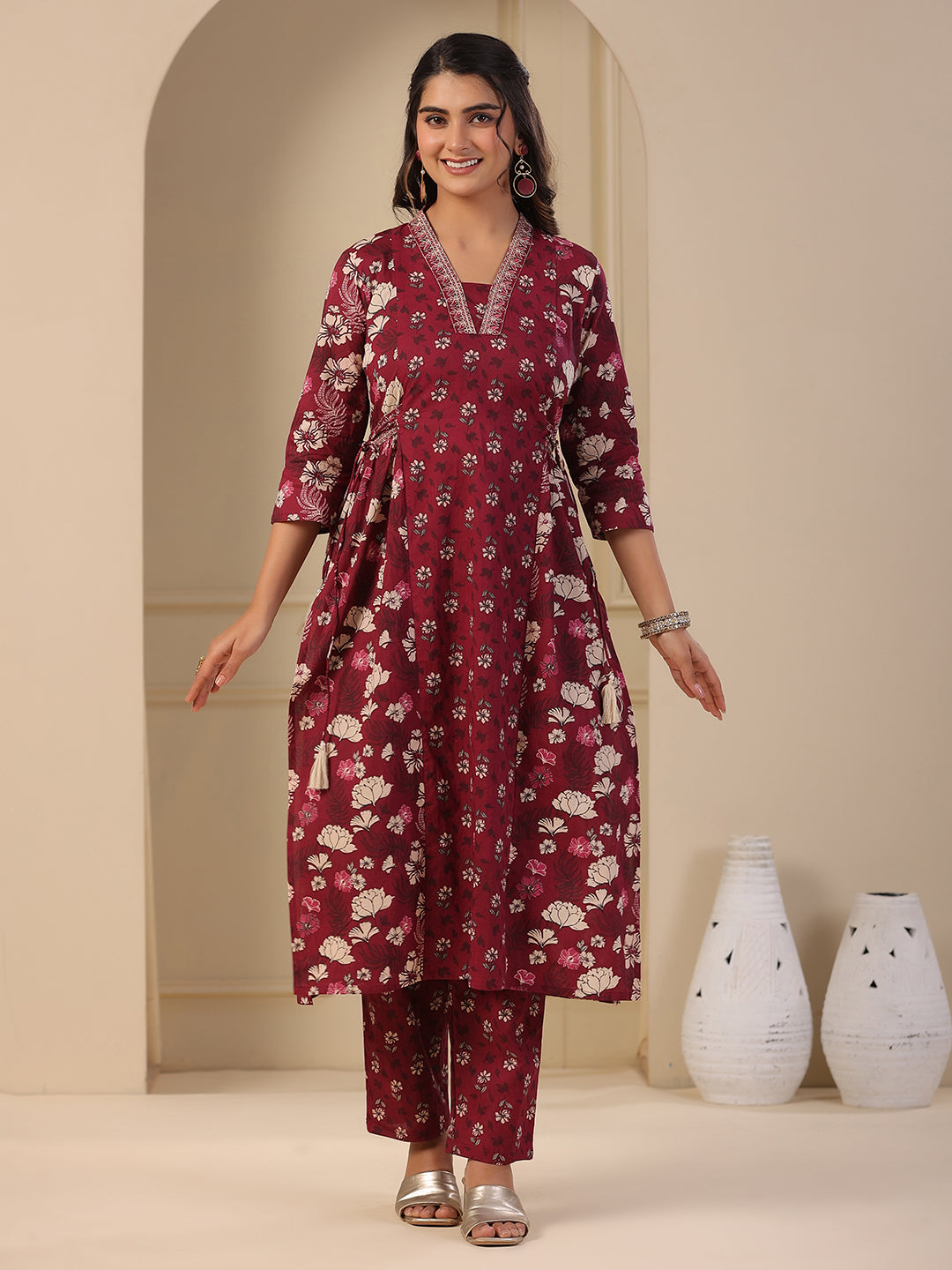 Floral Printed A-Line Paneled Kurta with Pant - Purple