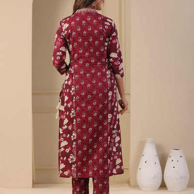 Floral Printed A-Line Paneled Kurta with Pant - Purple