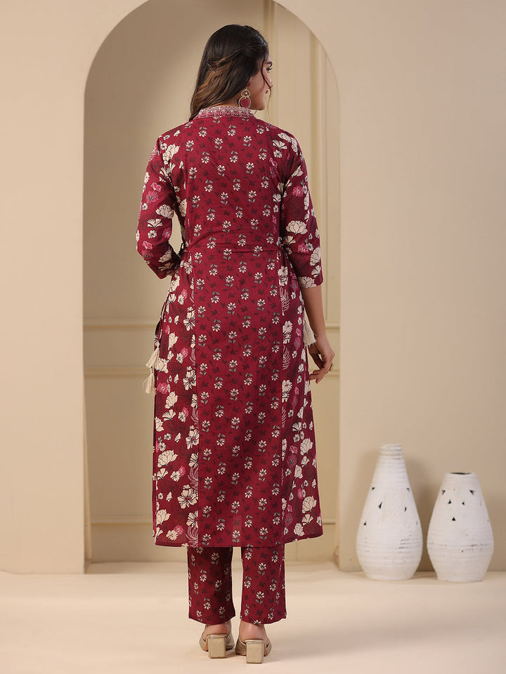 Floral Printed A-Line Paneled Kurta with Pant - Purple