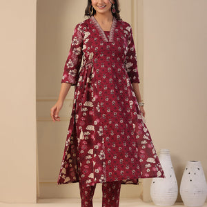 Floral Printed A-Line Paneled Kurta with Pant - Purple