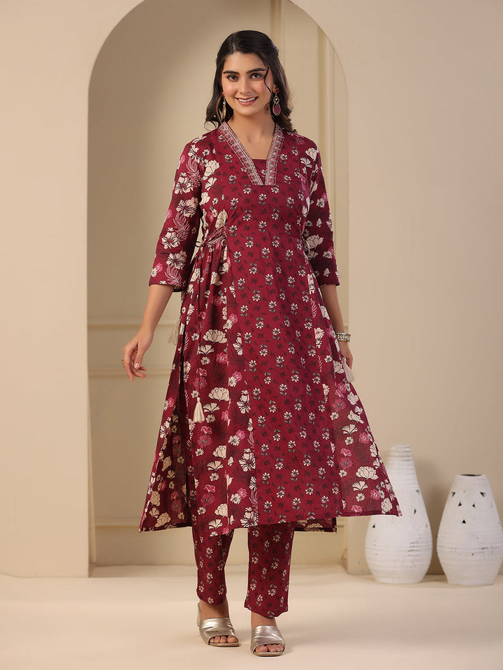 Floral Printed A-Line Paneled Kurta with Pant - Purple