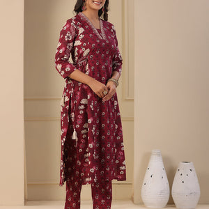 Floral Printed A-Line Paneled Kurta with Pant - Purple