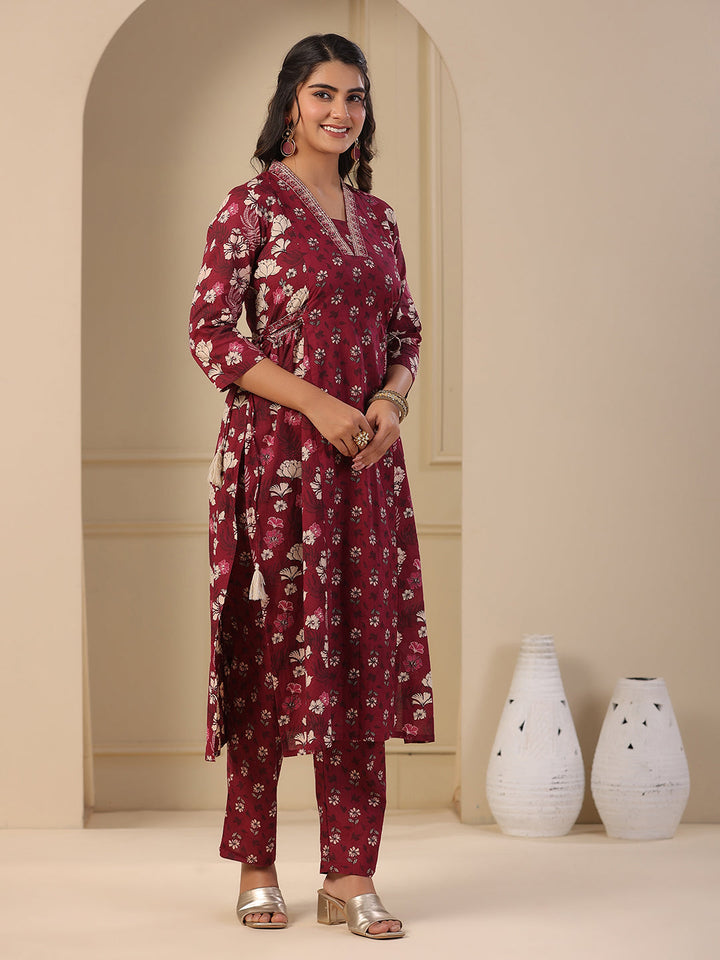 Floral Printed A-Line Paneled Kurta with Pant - Purple