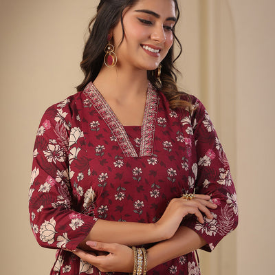 Floral Printed A-Line Paneled Kurta with Pant - Purple