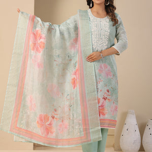 Floral Printed & Chikankari Embroidered Kurta with Pant & Dupatta - Mint Green