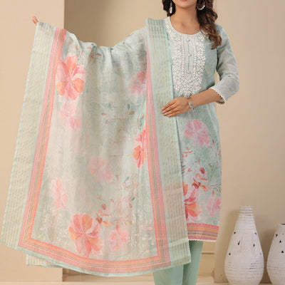Floral Printed & Chikankari Embroidered Kurta with Pant & Dupatta - Mint Green