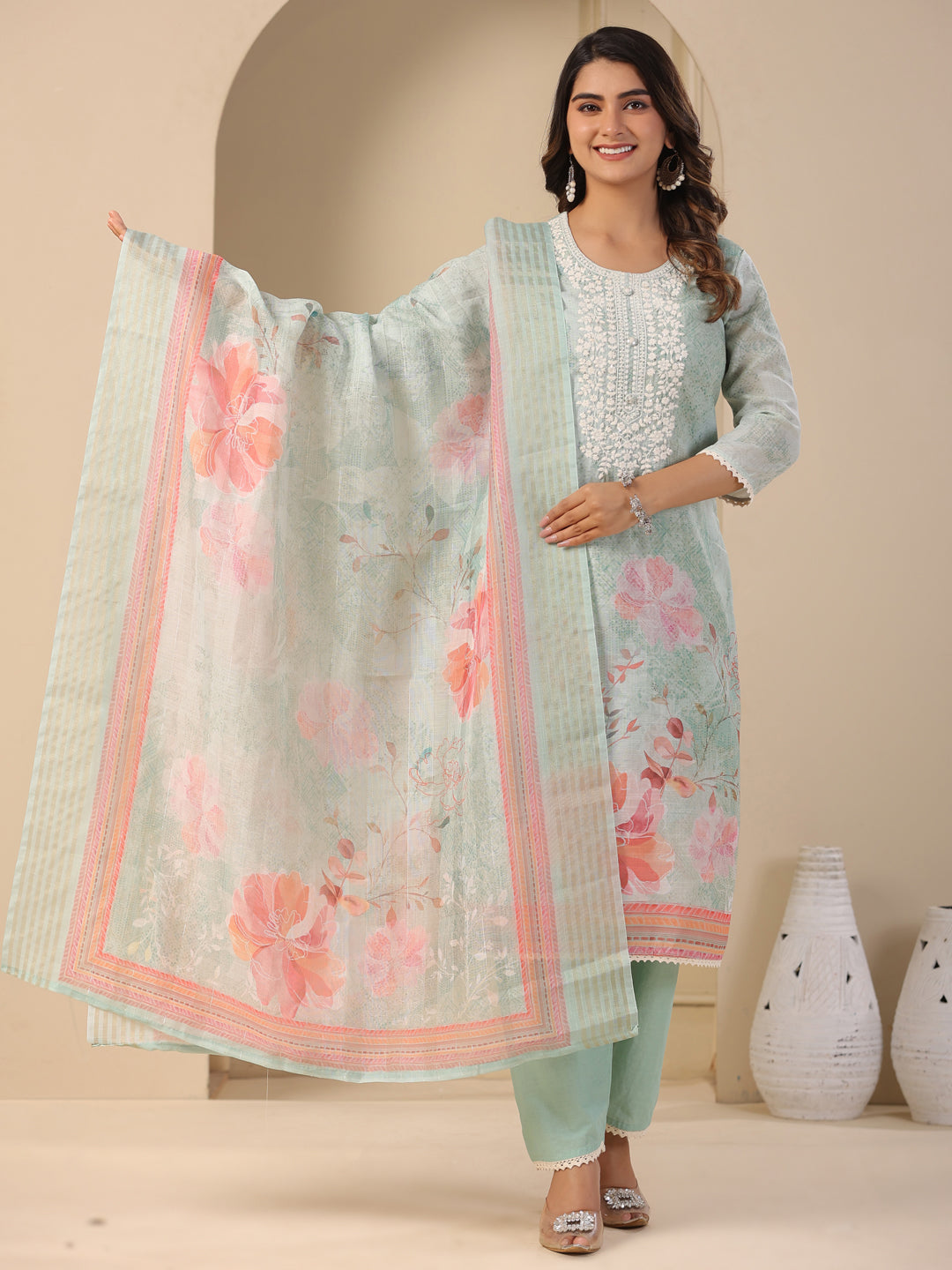 Floral Printed & Chikankari Embroidered Kurta with Pant & Dupatta - Mint Green